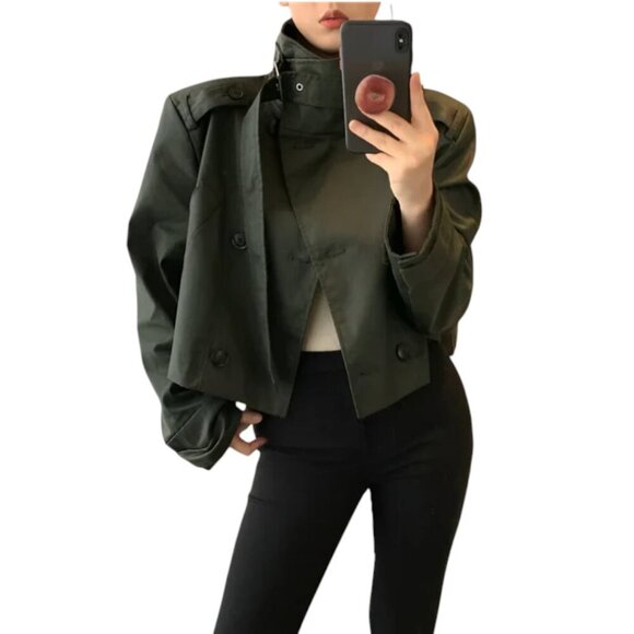 Zara Cropped Double-Breasted Utility Pea Coat Jacket, Dark Khaki, Small - Picture 12 of 13